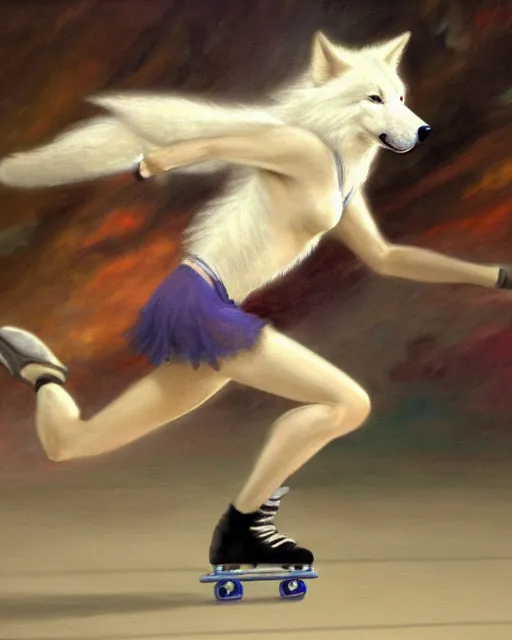 Image similar to an athletic white female anthro wolf skating at a roller derby, 4 k, furaffinity, fursona, trending on artstation, energetic, speed, motion blur, by gaston bussiere, craig mullins, sakimichan, gustav klimt, artgerm, greg rutkowski, alphonse mucha