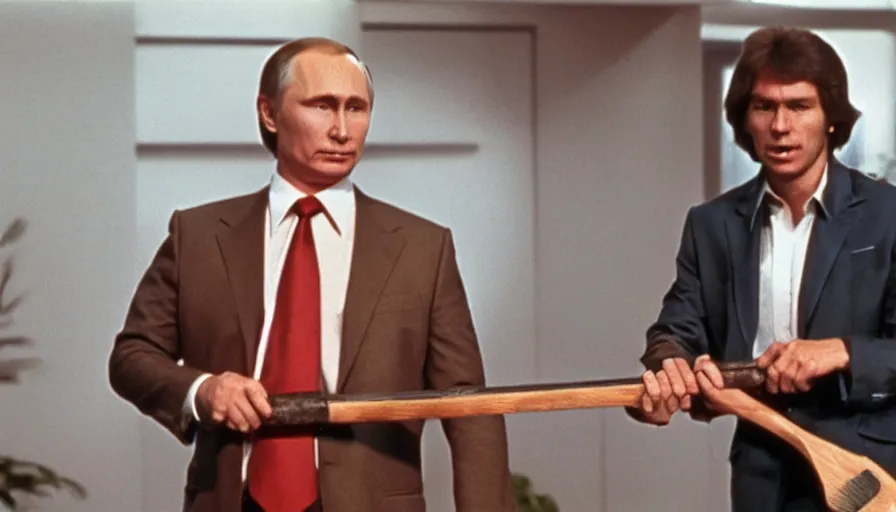 Image similar to 7 0 s movie still of putin in teleshopping show, proudly holding an axe. cinestill 8 0 0 t _ 3 5 mm eastmancolor, heavy grain, high quality, high detail