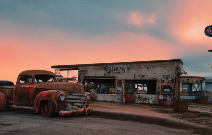 Prompt: A sunset light landscape with historical route66, lots of sparkling details and sun ray’s, blinding backlight, smoke, volumetric lighting, colorful, octane, 35 mm, abandoned gas station, old rusty pickup-truck, beautiful epic colored reflections, very colorful heavenly, softlight