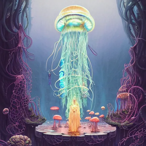 Image similar to A painting of priestesses worshipping at the jellyfish temple, shrouded in mist, jellyfish god, jellyfish priestess, jellyfish shrine maiden, 8K, illustration, art by by Alvaro Castagnet, Peter Mohrbacher and Dan Mumford, smoke, undersea temple with fish, cinematic, insanely detailed and intricate, hypermaximalist, elegant, super detailed, award-winning, magenta and crimson and cyan, rainbow accents, iridescence, bioluminescence, mysterious, ancient, ritual, trending in cgsociety, artstation HQ, ornate, elite, haunting, matte painting, beautiful detailed, insanely intricate details, dreamy and ethereal, otherworldly