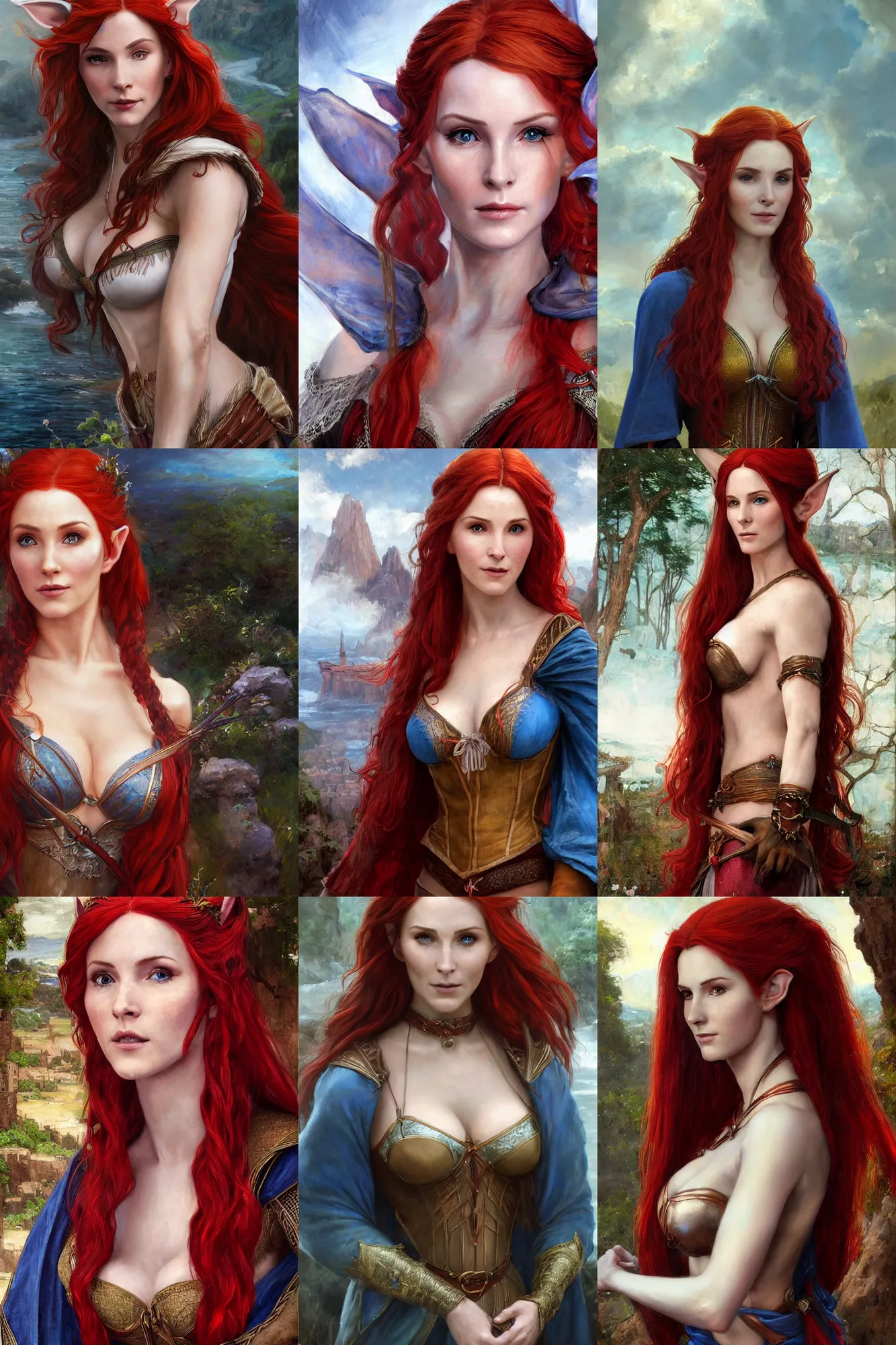 Prompt: alluring highly detailed closeup matte painting portrait of beautiful elf ( triss from witcher 3 ) with long ears flowing red hair wearing chesty fantasy outfit and a blue cloak, very detailed, realistic, by john william waterhouse and james gurney and theodore ralli and nasreddine dinet, oil on canvas. cinematic