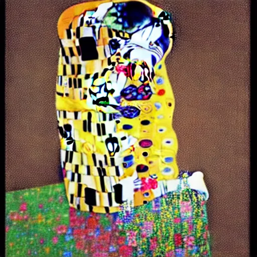 Image similar to the kiss, with a latin female philosopher damaged buddhist monk and a robot, by klimt and yoji shinkawa