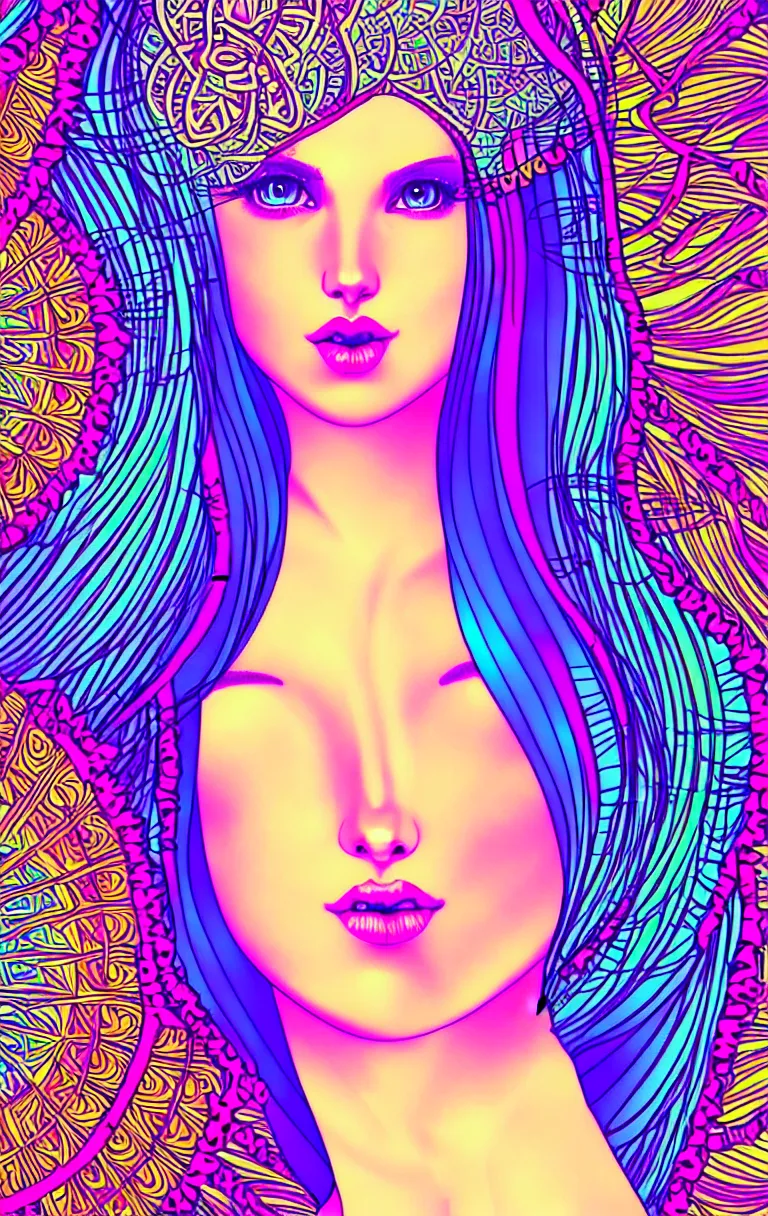 Image similar to beautiful hippie girl illustration, closeup in bikini over psychedelic sacred geometry hallucination