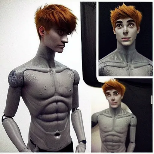 Image similar to “a realistic detailed photo of a guy who is an attractive humanoid who is half robot and half humanoid, who is a male android, twitch streamer Ninja Tyler Blevins, shiny skin, posing like a statue, blank stare, gaming room”