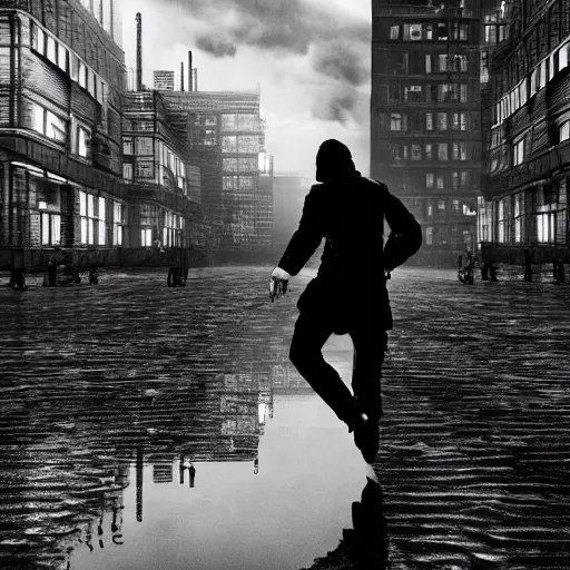 Prompt: a highly detailed epic cinematic black and white cyberpunk artwork photograph inspired by Henri Cartier-Bresson's Behind Gare Saint-Lazare, man jumping over a puddle of water. World Press Photo winner, enhanced and corrected in Photoshop, octane render, excellent composition, cinematic atmosphere, dynamic dramatic cinematic lighting, aesthetic, very inspirational, arthouse