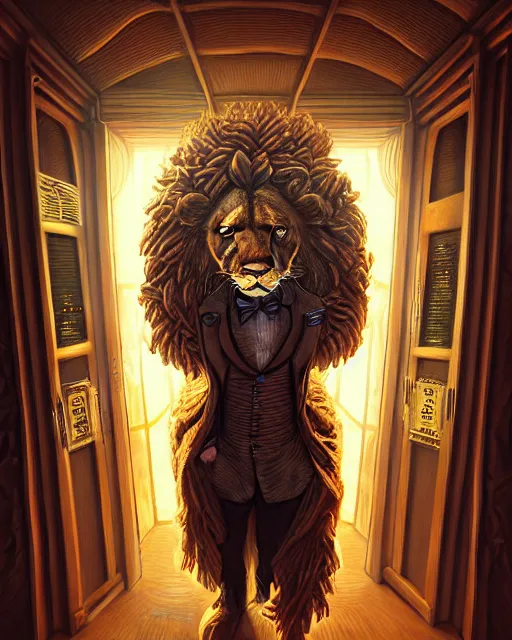 Prompt: anthropomorphic art of a timelord lion inside tardis, victorian inspired clothing by artgerm, victo ngai, ryohei hase, artstation. fractal papersand books. highly detailed digital painting, smooth, global illumination, fantasy art by greg rutkowsky, karl spitzweg, doctor who