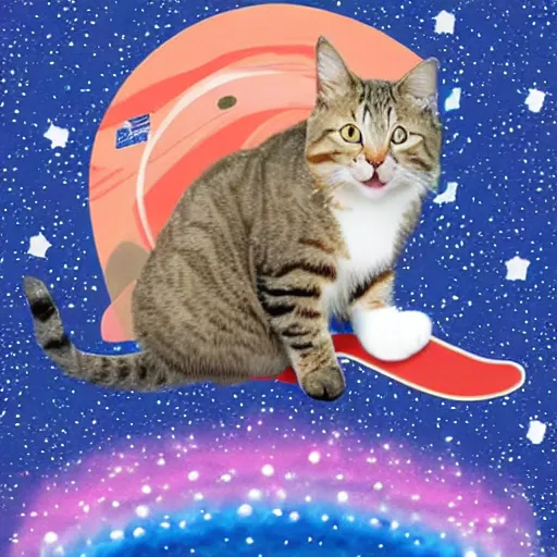 Prompt: a happy cat in a space shuttle waving to the world