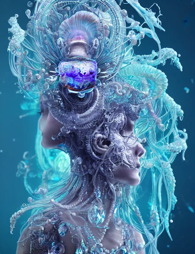 Image similar to goddess macro close - up portrait in crown made of ram skull. betta fish, jellyfish phoenix, bioluminiscent, plasma, ice, water, wind, creature, super intricate ornaments artwork by tooth wu and wlop and beeple and greg rutkowski