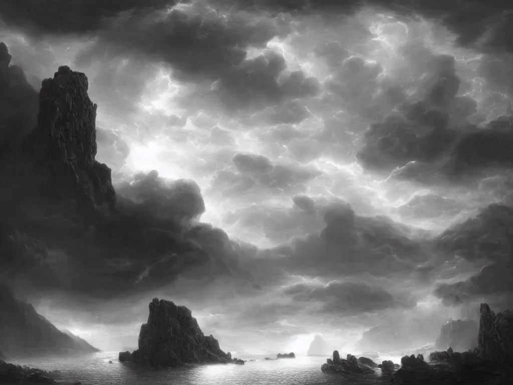 Prompt: very detailed, dark super storm, hyper realistic clouds that resemble large mountains, levitating large rocks. impressive, magical, very atmospheric, fog, cinematic, deep, very high complexity, stunning, dramatic masterpiece, iridescent, chiaroscuro, by gustave dore, caspar david friedrich, ian miller, very detailed. 4 k