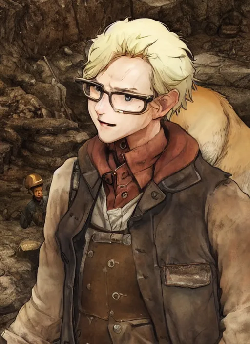 Image similar to character portrait of a man with an albino mountain lion's head wearing miner's clothes at the mines. hidari, color page, tankoban, 4K, tone mapping, Akihiko Yoshida.