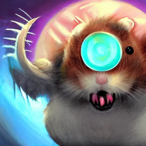 Image similar to an evil horrifying hamster in the style of magic the gathering card art