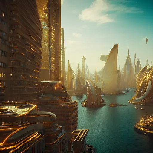 Image similar to a citizen's view of a golden fantasy sci fi luxurious city with cerulean oceansides, scandinavian / norse influenced, cinematic, ray traced, octane render, cinematic lighting, ultrarealistic, featured on artstation, 8 k uhd artwork