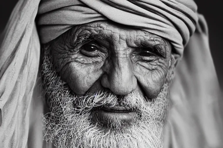 Image similar to hyperrealistic close up portrait of an old arabic man, wearing a turban, lit by dawn light, desert city on background, trending on artstation