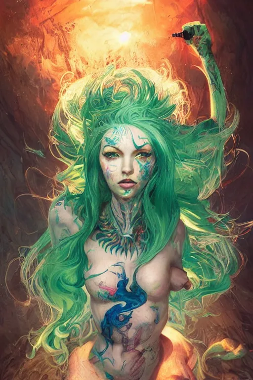 Image similar to upper body portrait shot of green hair tattooed pinup hannah murray, model pose, bright color, sun shining through, sharp focus, highly detailed face, specular reflection, art by anato finnstark and lecouffe deharme and pete mohrbacher and quentin mabille and frank moth, fantasy illustrations, epic light novel cover art