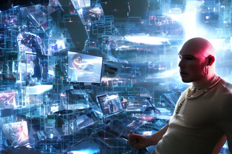 Image similar to cyborg - pitbull, surrounded by screens, in the future, y 2 k cybercore, industrial low - light photography, still from a ridley scott movie