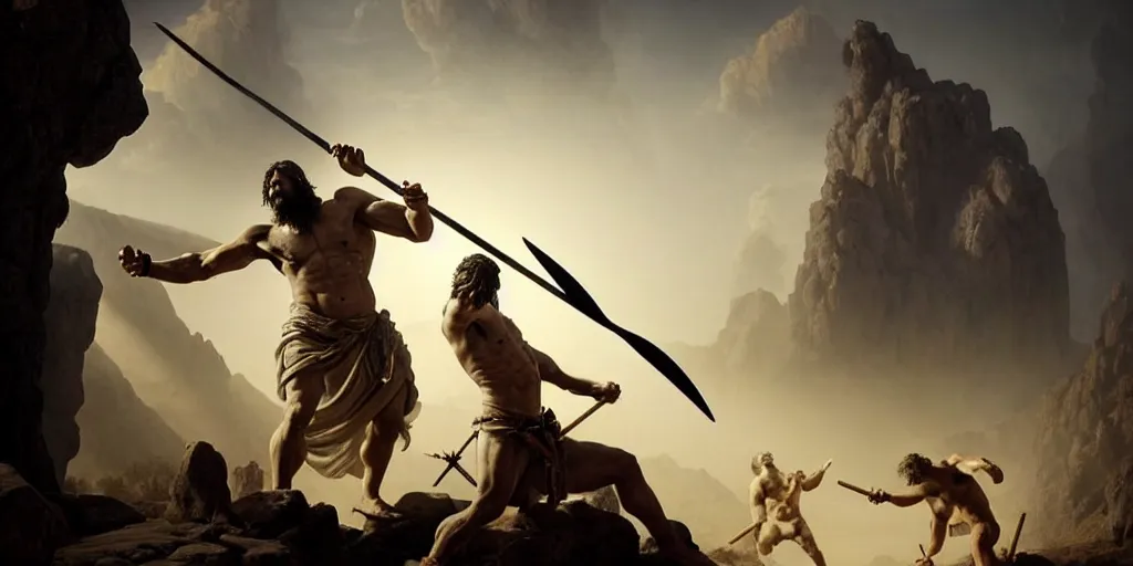 Prompt: realistic scene of biblical Cain with a spear fighting Abel with a reaper scythe, a stone altar with white smoke ascending in the background, masculine and rugged, inspired art by Frazetta + facial symmetry + bright dramatic volumetric lighting, well lit, 8k octane render, intricate, epic composition, golden hour, cinematic studio lighting + masterpiece, trending on artstation, very detailed, masterpiece, stunning