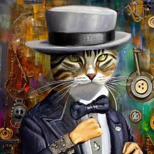 Prompt: impressionist oil painting palette knife, handsome anthropomorphic grey tabby cat wearing steampunk style suit and hat with gears in background detailed 4 k