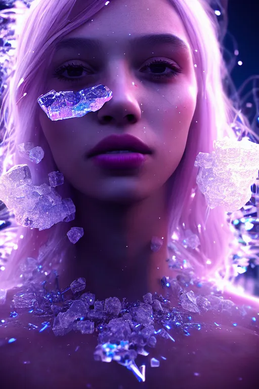 Image similar to a beautiful girl from whose body mineral crystals grow, biopunk, in full growth, magical crystals, smoky crystals, translucent crystals, luminous sparkling crystals, many details, 3 d, cinematic, hyper realism, high detail, octane render