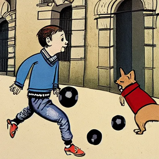 Image similar to book illustration of a french boy on the streets of paris playing football against a corgi, the dog is wearing a polka dot scarf, 1 9 6 6