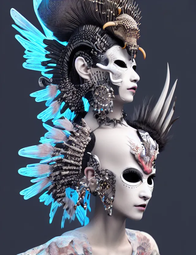 Image similar to 3 d goddess close - up profile simple portrait punk with mohawk with goat skull. beautiful intricately detailed japanese crow kitsune mask and clasical japanese kimono. betta fish, jellyfish phoenix, bio luminescent, plasma, ice, water, wind, creature, artwork by tooth wu and wlop and beeple and greg rutkowski