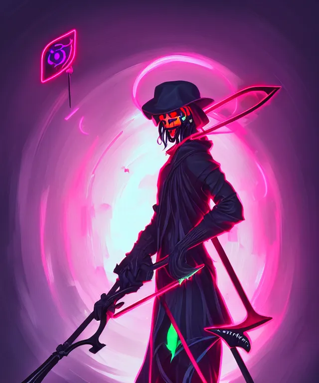 Image similar to a portrait of a neon grimm reaper holding a single scythe, fantasy, elegant, digital painting, artstation, concept art, matte, sharp focus, illustration, art by josan gonzalez