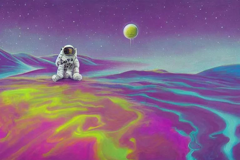 Image similar to surreal painting by chesley bonestelll!!, an astronaut sitting in the sand + a river + psychedelic vegetation + purple, pink, blue + planets and stars + mystic fog, 5 0's vintage sci - fi style, rule of third!!!!, line art, 8 k, super detailed, high quality