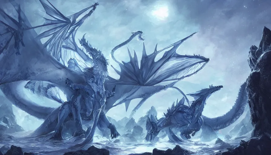 Prompt: epic ice dragon with trendy shapes in a nordic landscape under aurora and stars, set in the words of the Forgotten Realms and Guildwars2, painted by Hans Fredrik Gude, Greg Rutkowksi and Artgerm, concept art 2022, ultra realistic masterpiece