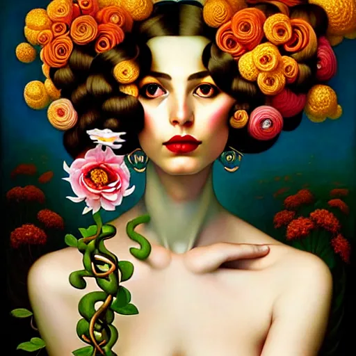 Image similar to dynamic composition, a painting of woman with hair of ( summer flowers )!! and vines wearing ornate earrings, ornate gilded details, a surrealist painting by tom bagshaw and jacek yerga and tamara de lempicka and jesse king, featured on cgsociety, pop surrealism, surrealist, dramatic lighting, wiccan, pre - raphaelite