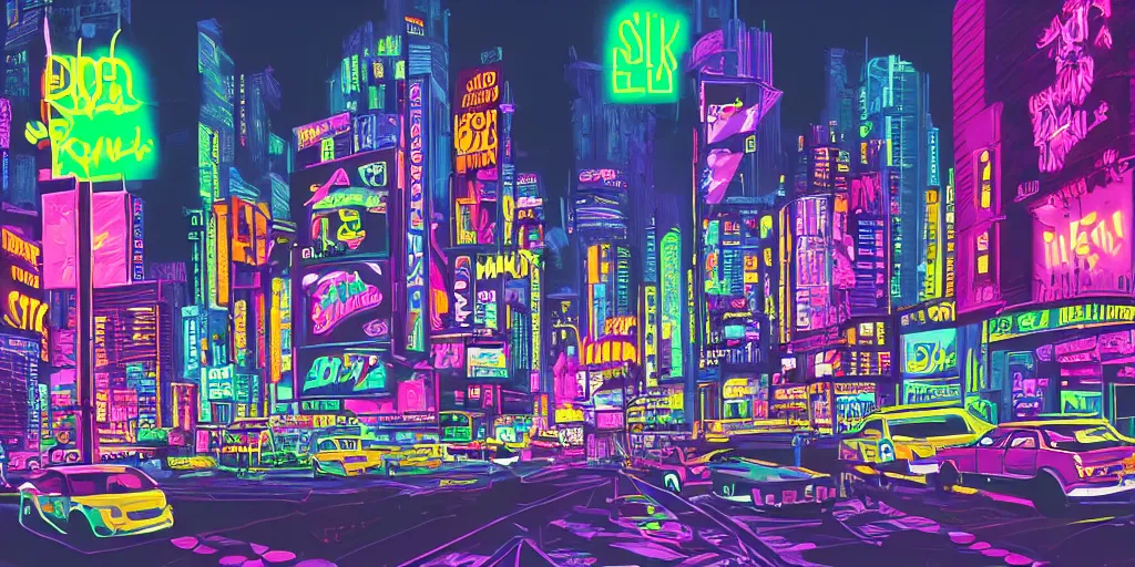 Image similar to cityscape covered with neon billboards and dark streets, cartoon