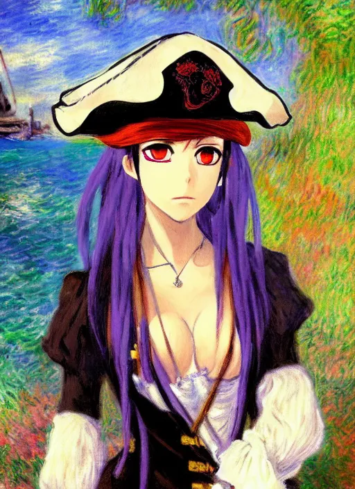 Prompt: a portrait of a female pirate, very anime in impressionist style, anime trending artwork, 4 k, anime painter studio, by claude monet