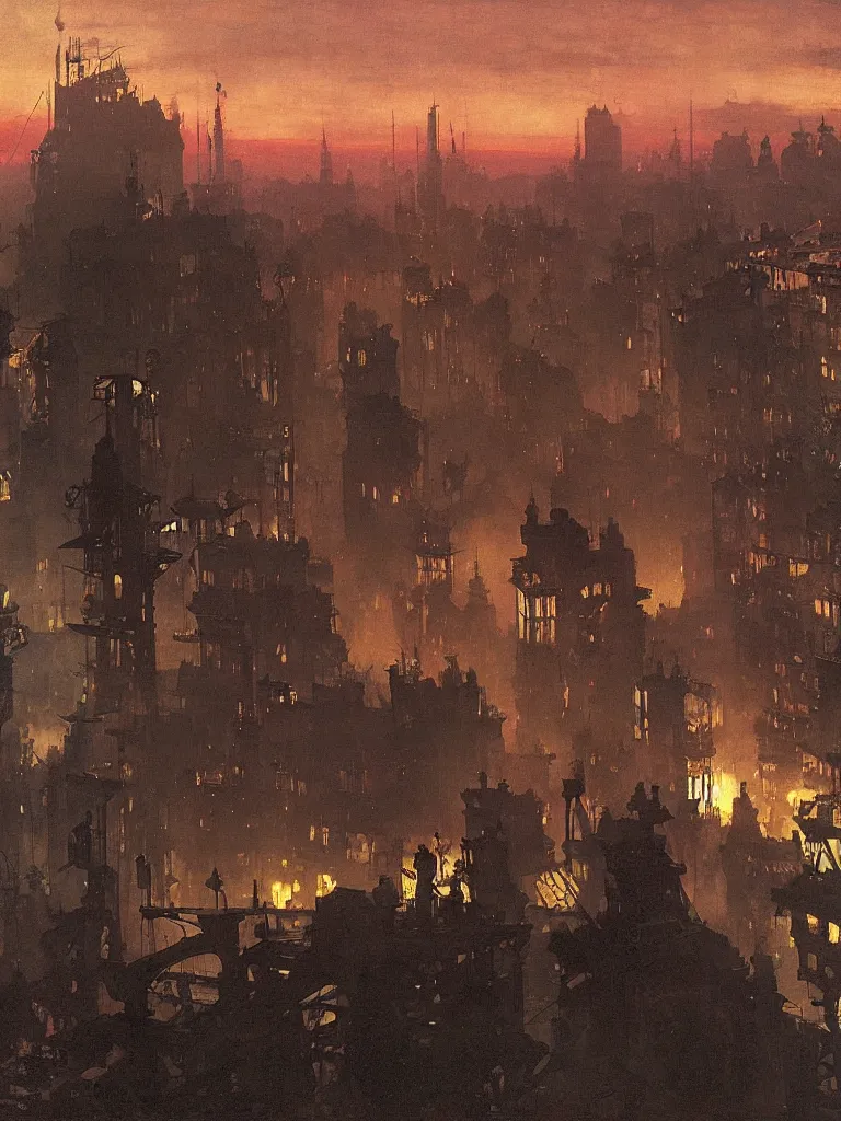 Image similar to a large dieselpunk and steampunk cityscape at dusk in russion during the 1 9 1 0 revolution, caspar friedrich, winslow homer, craig mullins,