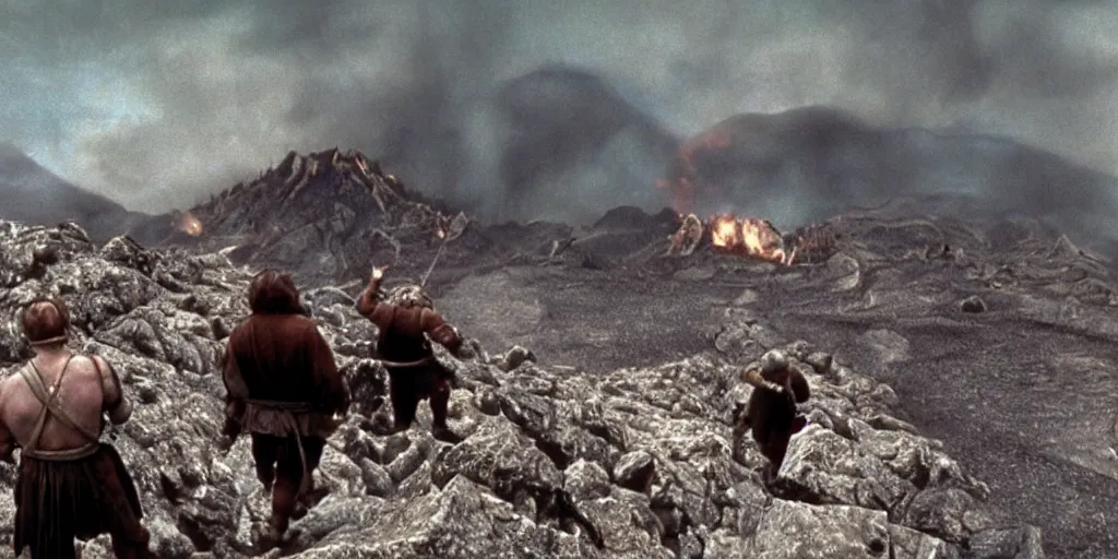 Prompt: film still of the three stooges climbing mount doom in the return of the king, hd 4 k lord of the rings remaster director's cut