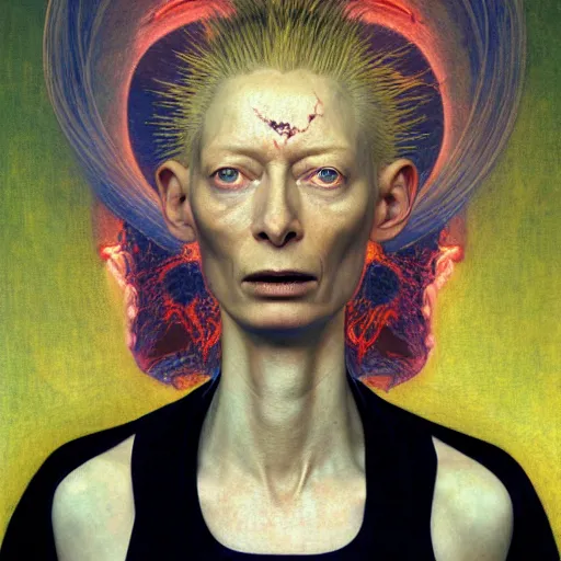 Prompt: Woman masterpiece, Tilda Swinton, bald, multiple halos, blood dripping down the head, yellow, galaxies in the background, golden halo behind her head, wires everywhere, by Edgar Maxence and Ross Tran, Zdzisław Beksiński, and Michael Whelan, gustav dore, H.R. Giger, 8k, octane render