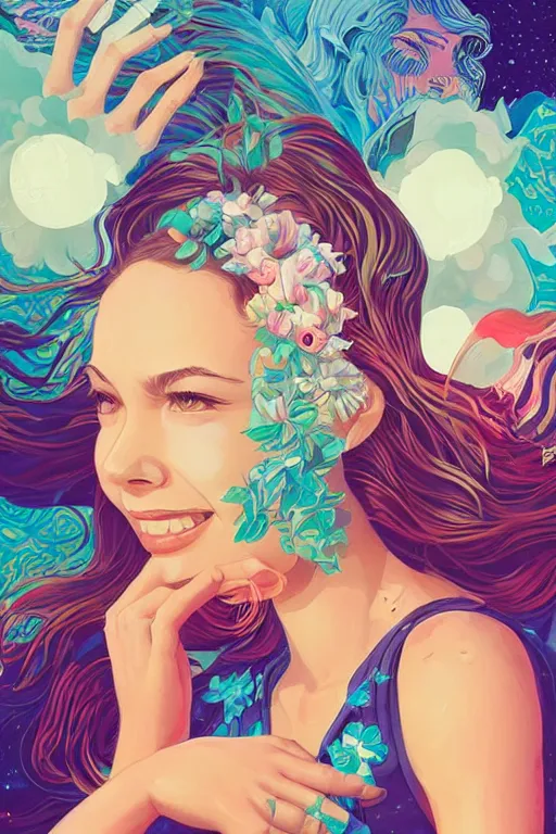 Image similar to a smiling cute woman beautiful skin and wavy hair, tristan eaton, victo ngai, artgerm, rhads, ross draws