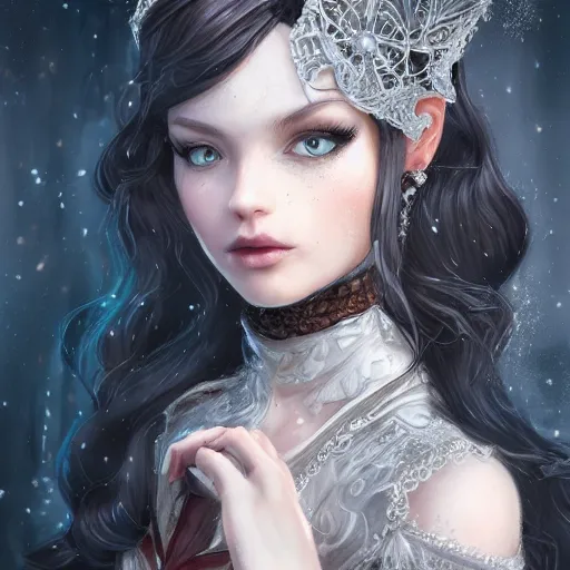 Image similar to beautiful girl, whimsical portrait, ice magic, dark hair, dark robe, intricate, elegant, highly detailed, cgsociety, trending on artstation, dnd, castle background, warm light, concept art, illustration