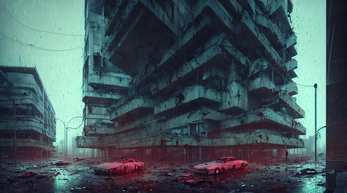 Image similar to post apocalyptic city building, raining, building, avenue, modern contemporary urban americana concrete architecture, by pascal blanche, neil blevins, cyberpunk color scheme, trending on artstation, photorealistic, neon ambiance, ultra detailed, high definition, depth of field, bokeh, rubble, wild vegetation, blood stains, building crumbling, post - apocalyptic warriors
