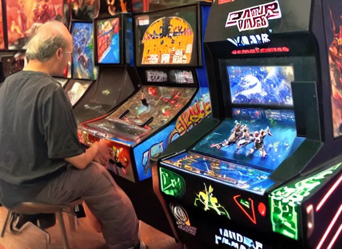 Prompt: a highly detailed beautiful portrait of a darth vader playing space invaders on an arcade machine, by gregory manchess, james gurney, james jean