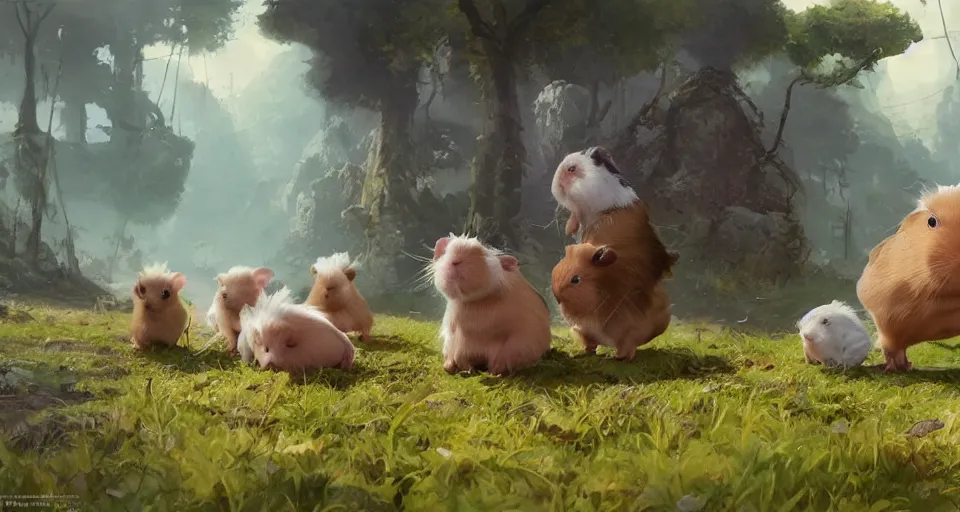 Image similar to ultra realistic cute guineapigs everywhere, by simon stalenhag, frank frazetta, greg rutkowski, beeple, yoko taro, christian macnevin, wlop and krenz cushart, epic fantasy character art, volumetric outdoor lighting, midday, high fantasy, cgsociety, cheerful colours, full length, exquisite detail, post - processing, masterpiece, cinematic