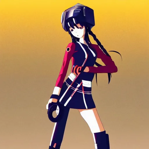 Image similar to anime girl with futuristic helmet, black hair with red highlights, rollerblades, cel - shading, 2 0 0 1 anime, flcl, jet set radio future, sunshine, neighborhood, trees, oak trees, suburban neighborhood, cel - shaded, strong shadows, vivid hues, y 2 k aesthetic