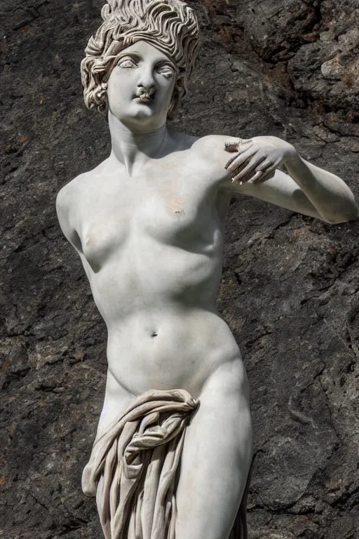 Image similar to epic view of mnemosine goddess statue sculpted in volcanic rock with silver stripes, made by antonio corradini and bernini, ultrarealistic, detailed, 8 k