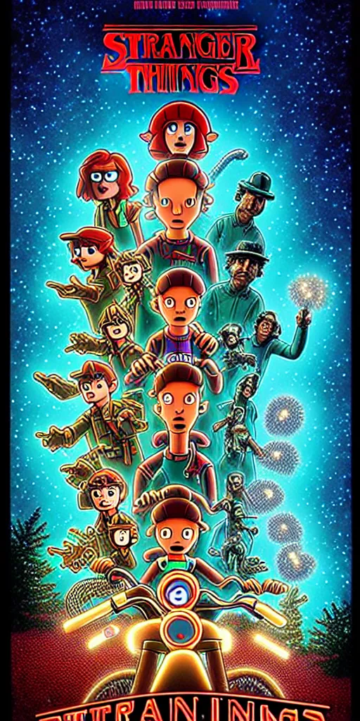 Image similar to animated version of Futurama Stranger Things poster by Matt Groening, cartoon, detailed faces, high resolution, hyper detailed, intricate, illustrated, dramatic lighting !n-9