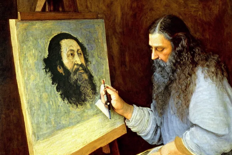 Image similar to leonardo da vinci painting a portrait of claude monet, painting by michaelangelo