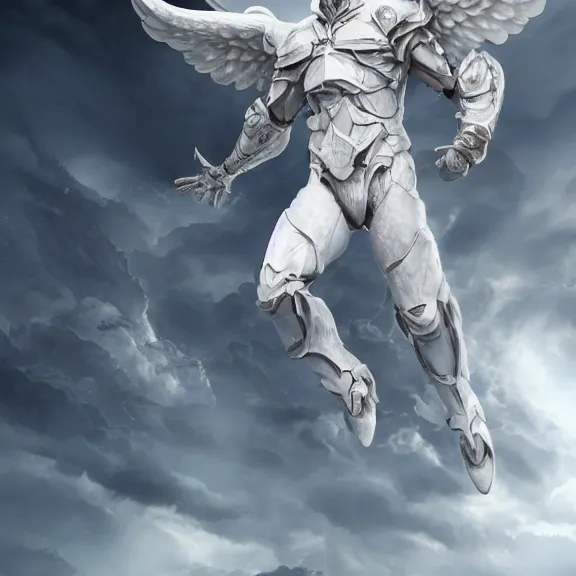 Image similar to cinematic full body shot of a male angel flying over hell, that's a beautiful stunning white armor, elegant pose, flying, detailed arms, detailed white armor, two arms, two legs, detailed fanart, macro art, realistic digital art, DeviantArt, artstation, 3D realistic, 8k HD, octane render