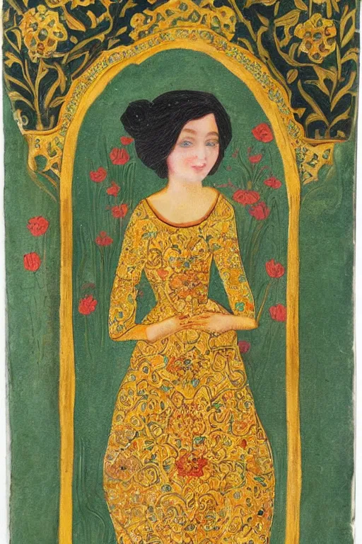 Image similar to girl waer detailed golden arabesque dress with a lot of narcissus in persian pot, miniature painting