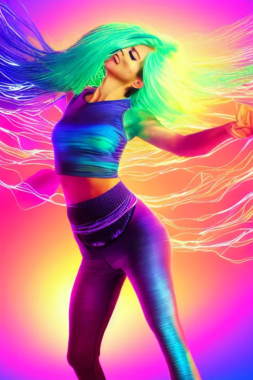 Image similar to a award winning half body portrait of a beautiful woman with stunning eyes in a croptop and leggings with reinbow colored ombre hairstyle head in motion and hair flying while dancing by thomas danthony, surrounded by whirling illuminated lines, outrun, vaporware, shaded flat illustration, digital art, trending on artstation, highly detailed, fine detail, intricate