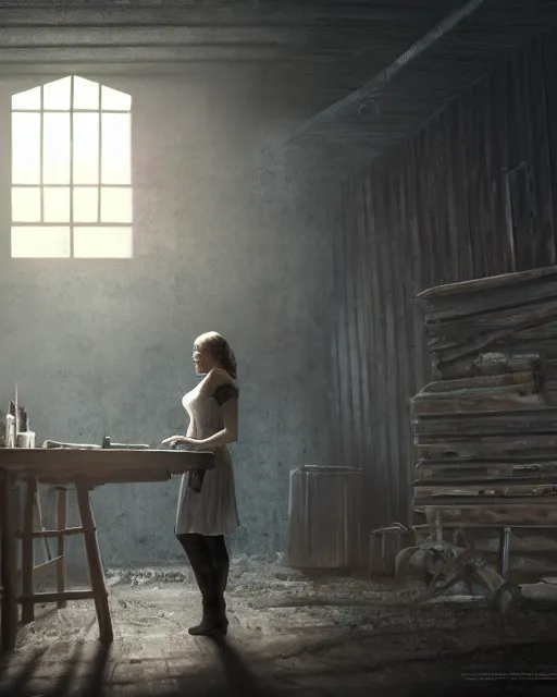 Image similar to style : disco elysium. composition : medium shot. style : digital art ; detailed ; menacing ; 4 k. scenery : the inside of a dark barn ; a faint ray of light is shining through a crack in the planks. subject : a young woman ; dark hair ; wearing a white dress. action : the woman is hiding behind a workbench.