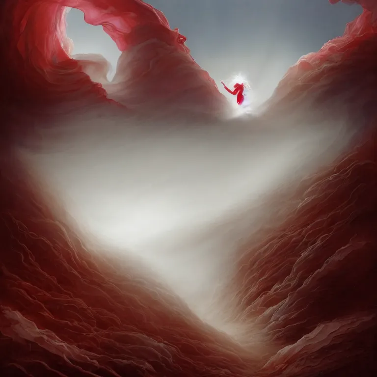 Image similar to one lone singular swirling otherworldly angelic figure shrouded in red robes and white mist emerges from an extensive colorful dune scape with a stairway of floating boulders, windswept, sand, rocks, sparse vegetation, distant cityscape, grey cloudy skies, distant ocean, contrejour lighting, high contrast, highly detailed, a matte painting by Peter Mohrbacher and Filip Hodas