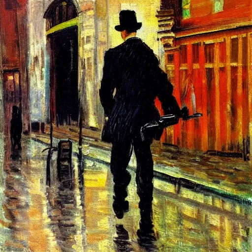 Image similar to the man in black and a revolver in hand walking around a city, impressionist painting