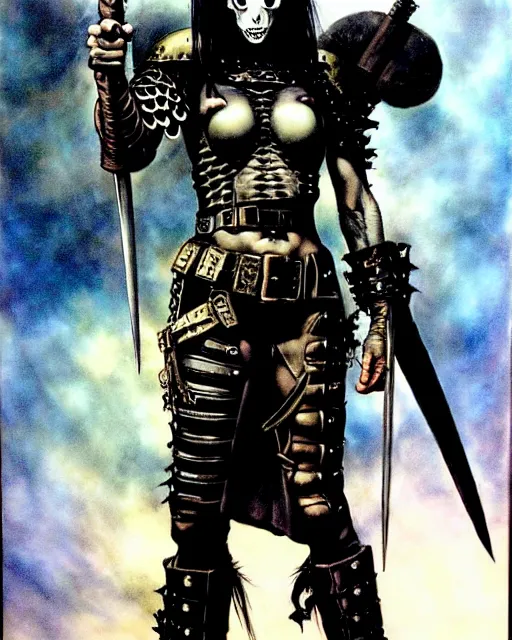 Image similar to portrait of a skinny punk goth soldier wearing armor by simon bisley, john blance, frank frazetta, fantasy, barbarian