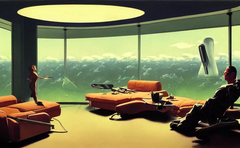 Image similar to a futuristic minimalist lounge room with a big window opening up to a wide open meadow with billowing clouds in the sky. highly detailed science fiction painting by norman rockwell, frank frazetta, and syd mead. rich colors, high contrast, gloomy atmosphere. trending on artstation.